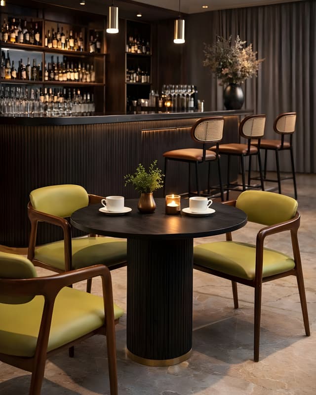 A cozy cafe with comfortable armchairs and small tables.