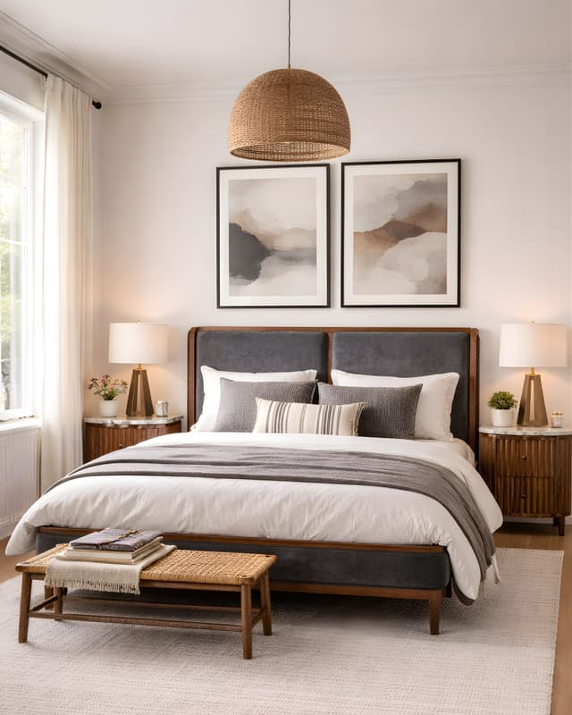 A bedroom with cowhide chairs and eclectic decor.